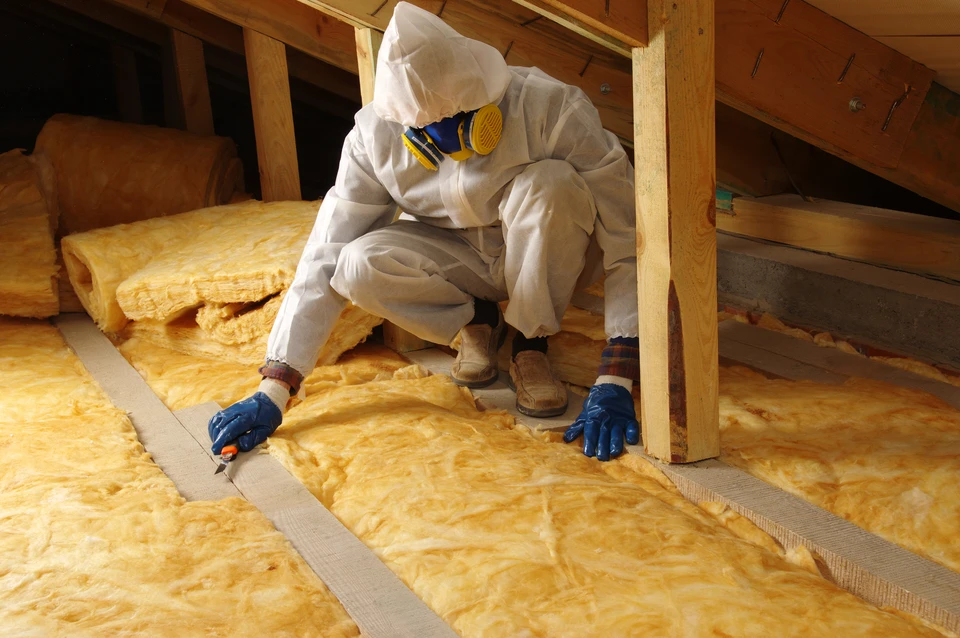 Ouvrier en combinaison de protection intégrale et masque respiratoire installant de l'isolant thermique jaune dans les combles d'une habitation