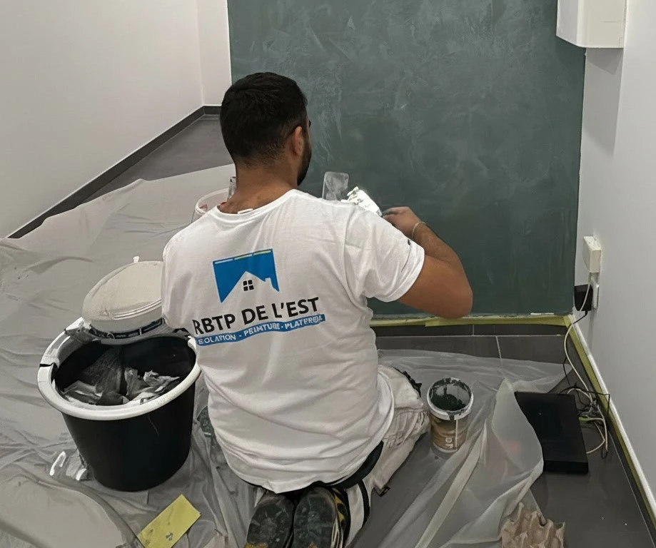 Espace intérieur en cours de rénovation avec murs en béton brut et cloison à lames de bois verticales