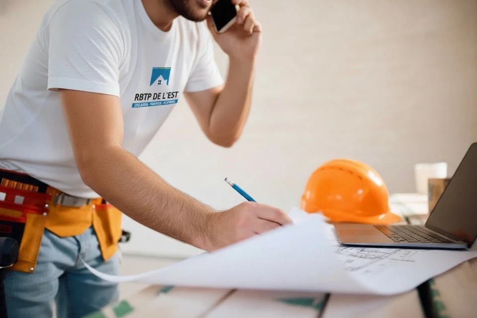 Ouvrier en bâtiment effectuant des travaux de finition intérieure, appliquant un enduit ou peinture sur cloison