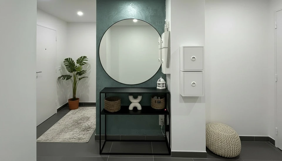 Enfant peignant un mur blanc avec un rouleau à peinture, appliquant de la peinture bleue