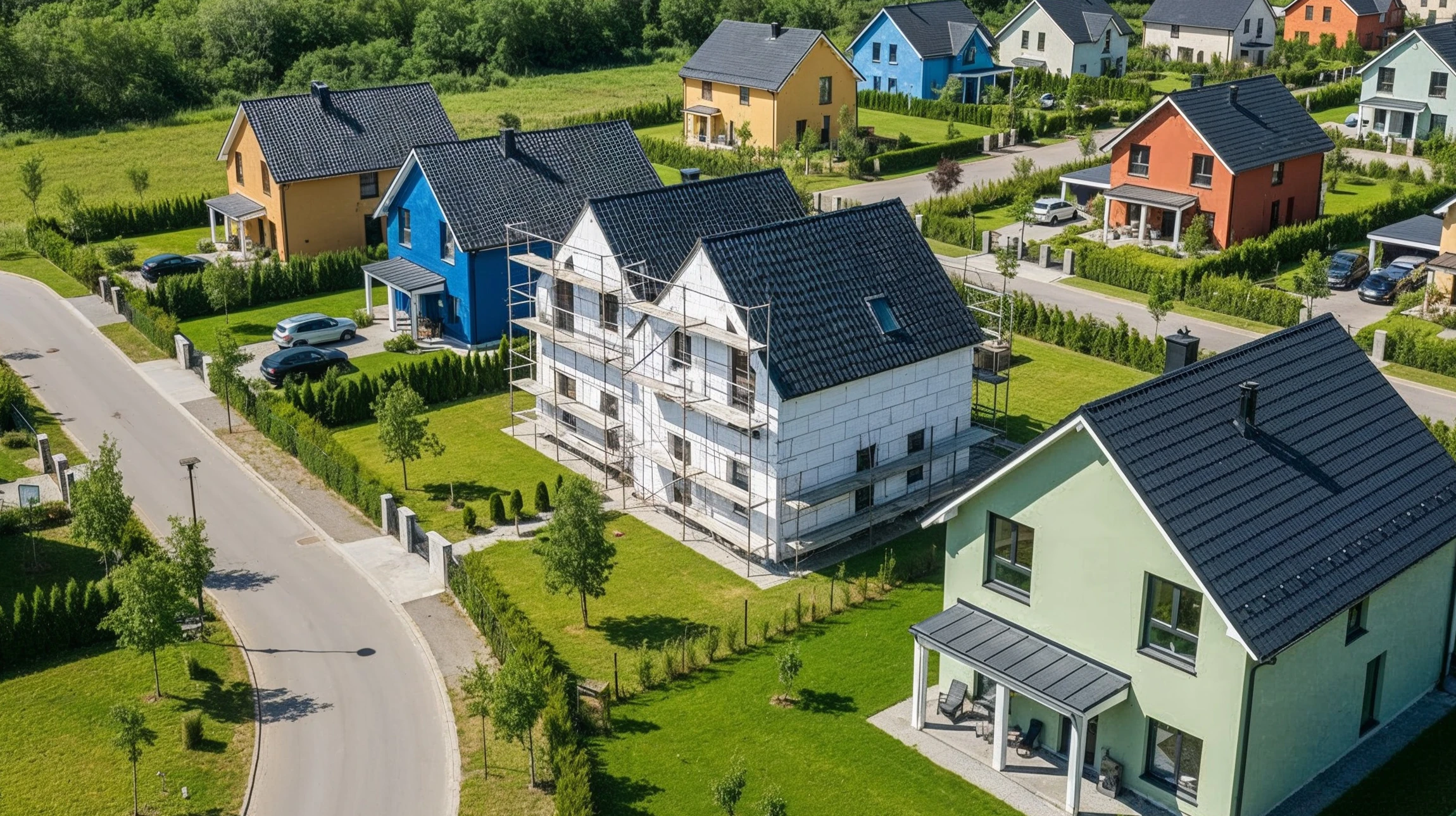 Maison moderne unifamiliale avec climatiseur externe visible sur façade latérale