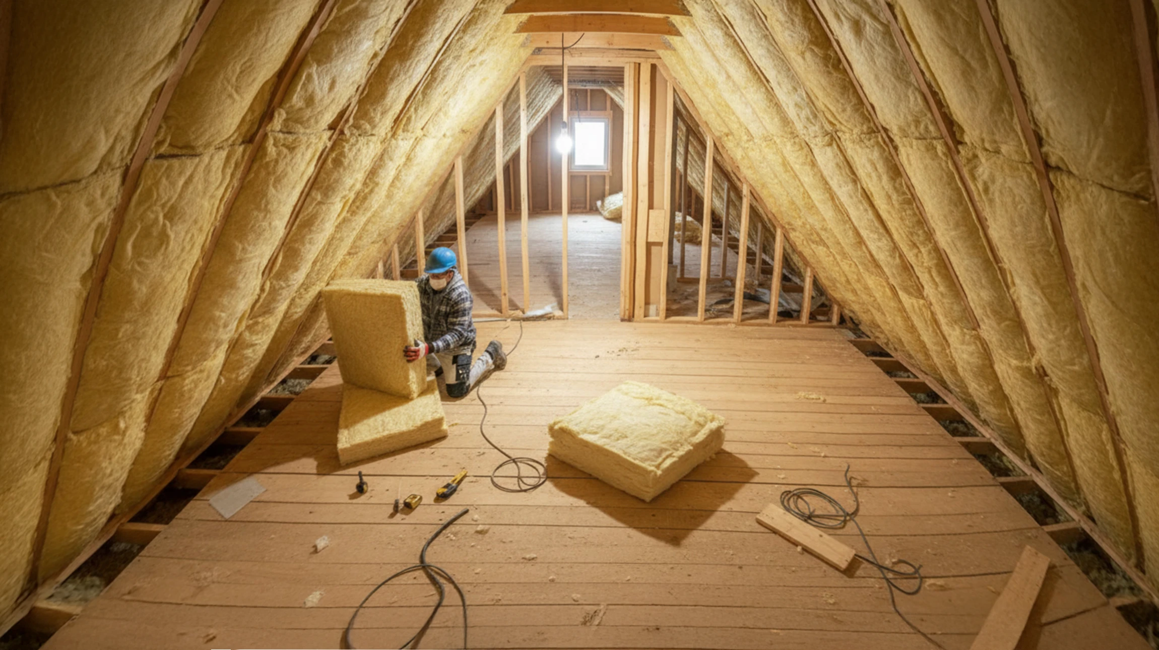 Intérieur de combles en cours d'aménagement avec charpente en bois apparente