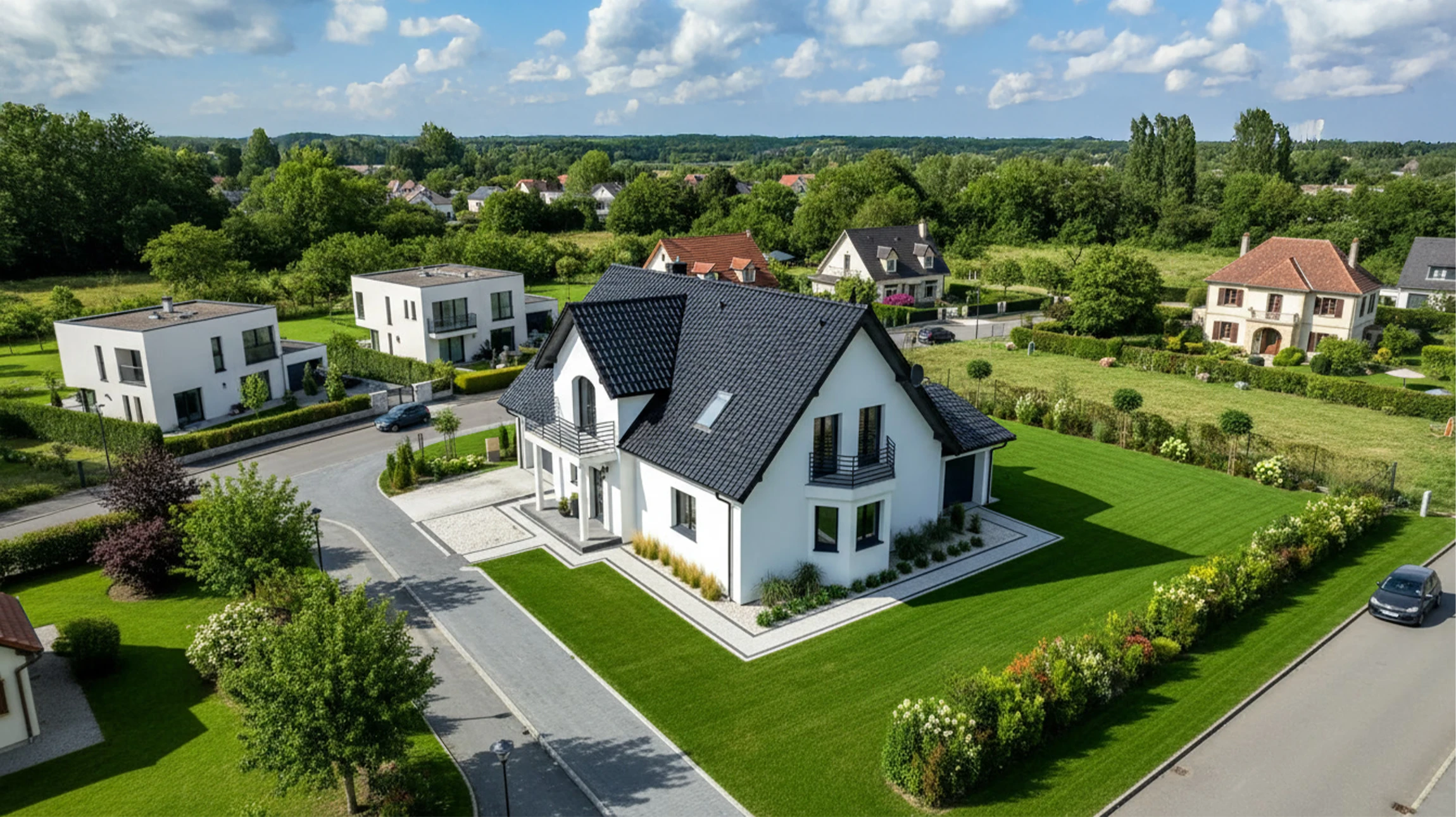 Maison individuelle moderne à étage avec façade blanche et toiture en tuiles anthracite