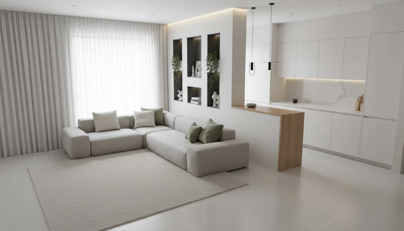 Intérieur résidentiel moderne avec cuisine ouverte sur salon