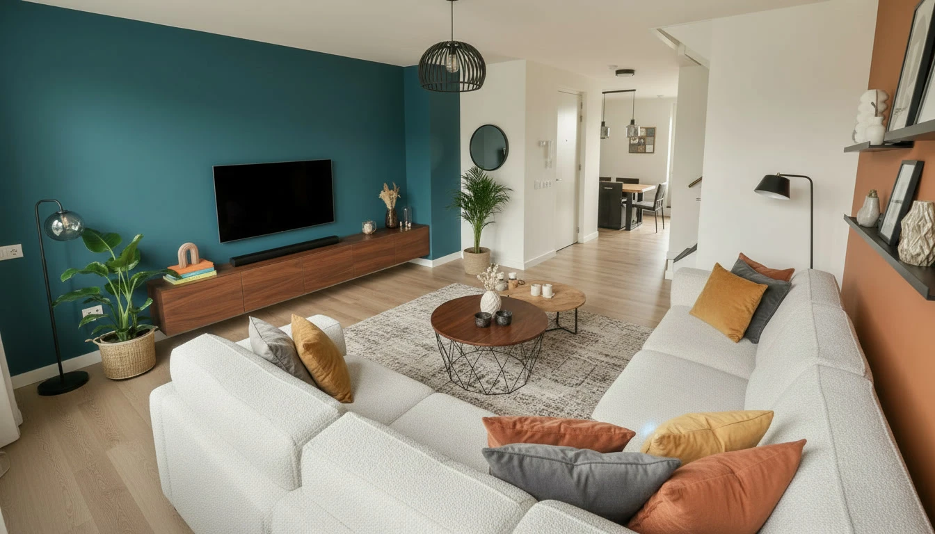 Une grand-mère aux cheveux blonds et une petite fille brune dansent main dans la main dans un salon lumineux, près de grandes fenêtres