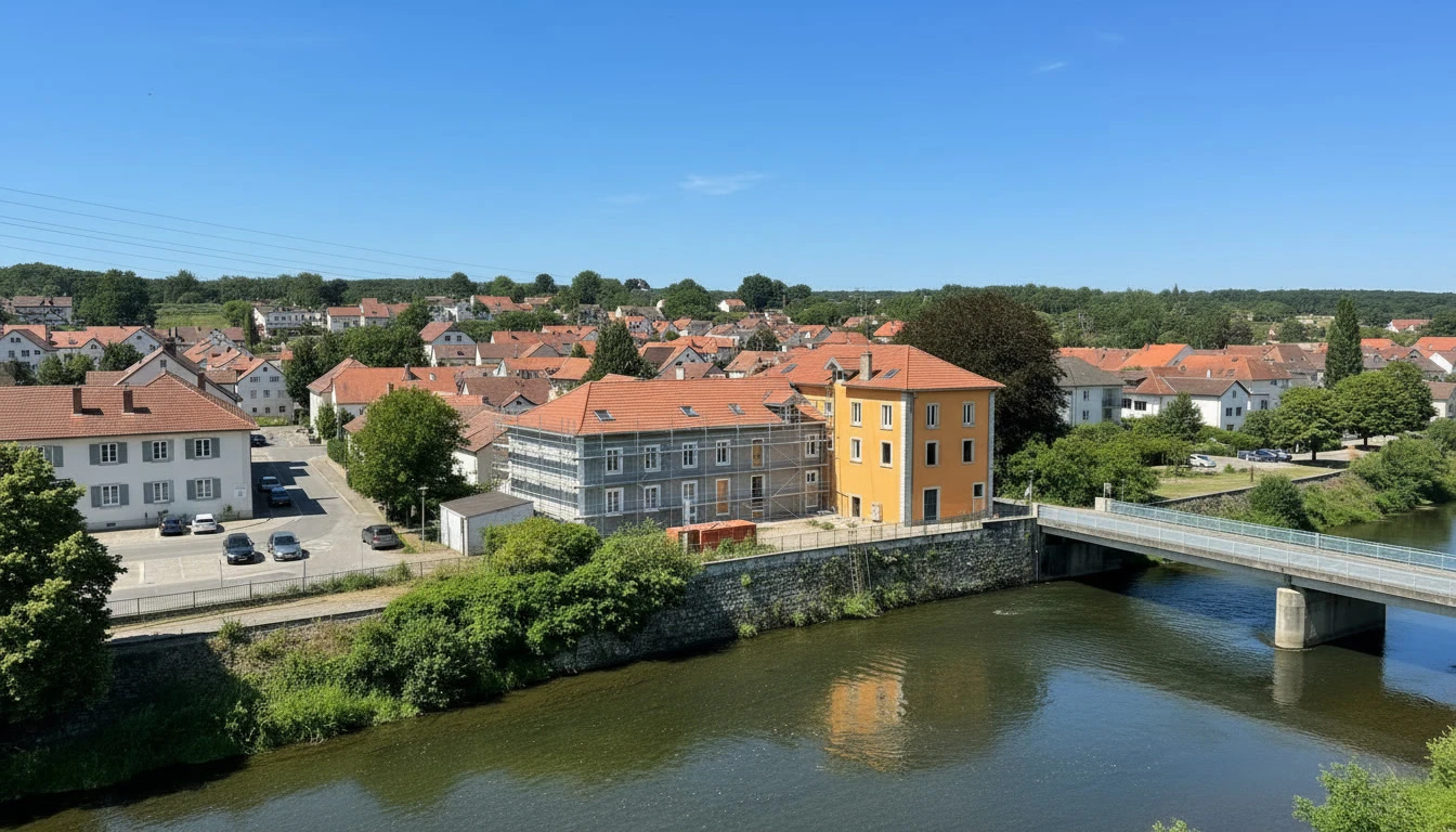 Chantier de r&eacute;novation d'appartement en cours avec ouvrier travaillant sur finitions